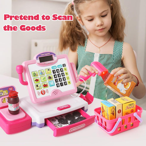 3, 4, 5, 6, 7, 8+ 57 Playset, Play Calculator Cash Register Toy Gift for Kids Girls Age Year Old, Pcs Pink Pretend
