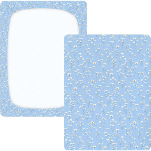 miaozhen 1 Pack 52x28 Cotton Baby Crib Sheets Soft Comfy Daisy Flower Pastel Blue Toddler Mattress Sheet for Nursery