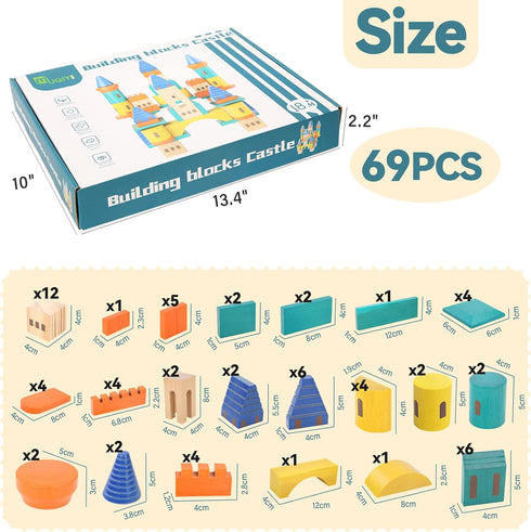 Wooden Castle Building Blocks Set, 69 Pieces Big Solid Beech Wood Stacking Toy for Kids
