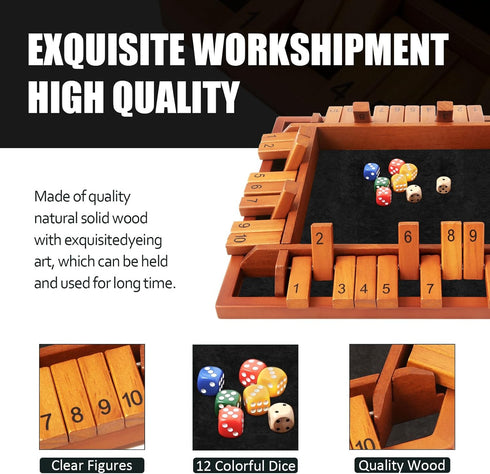 1-4 12 TooyBing Upgraded Players Shut The Box Dice Game, Wooden Board Table Family Game for Kids and Adults with Dice
