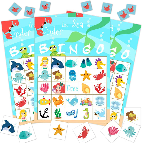 Under The Sea Party Bingo Game - 24 Player Ocean Animal Bingo Cards Set for Family Activity and Mermaid Party