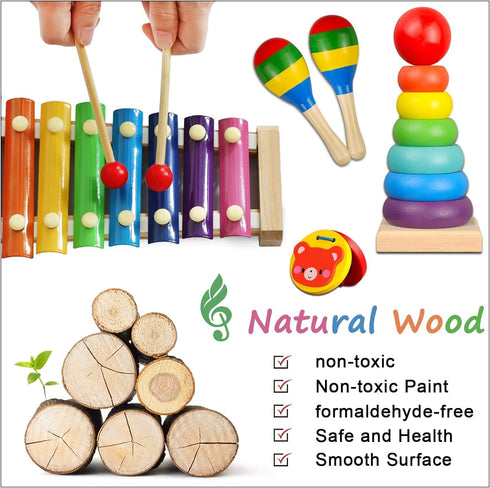 LOOIKOOS Wooden Toddler Musical Instruments Set, Educational Percussion Toys for Baby Kids with Carrying Bag