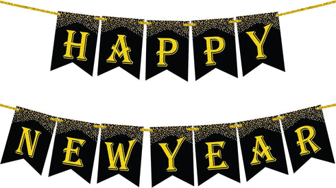 KatchOn Gold and Black Happy New Year Banner - Large 10 Feet Glitter Backdrop for New Years Eve Party Supplies