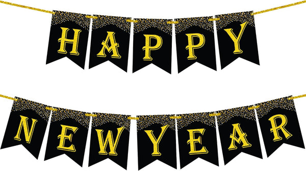 KatchOn Gold and Black Happy New Year Banner - Large 10 Feet Glitter Backdrop for New Years Eve Party Supplies