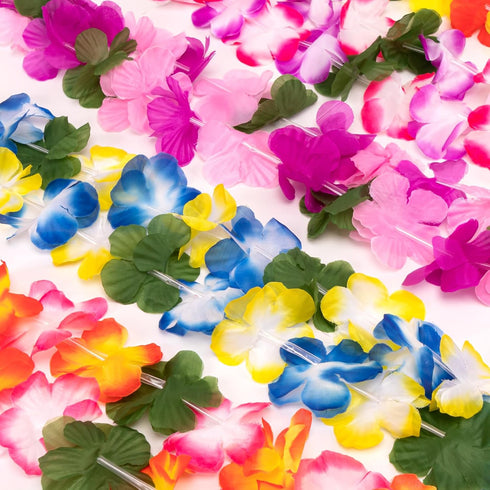 60 Summer 10 Moon Boat Pieces Hawaiian Luau Leis - Tropical Tiki Hibiscus Flowers for Pool Party Favors Supplies