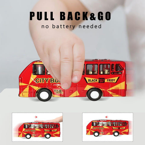 Die Cast Metal Toys Buses Set, 1:64 Scale Double Decker City Bus Vehicles, Openable Doors, Pull Back Cars for Kids