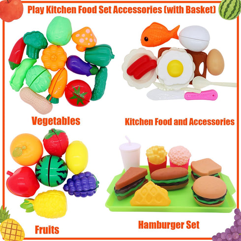 77Pcs 3 Pretend Play Kitchen Accessories for Kids, Cutting Fruits Vegetables Hamburger Toy Kitchen Accessories