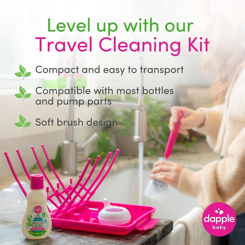 Dapple Travel Cleaning Kit - Includes Bottle, Dish Soap, Drying Rack & Silicone Brush