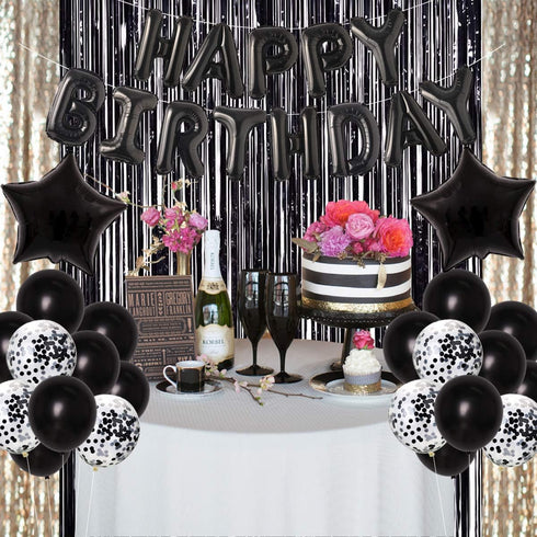 JOYMEMO 30th Birthday Decorations - Black Dirty Thirty Foil Balloon, Cake Toppers, Happy Birthday Banner, Star Confetti