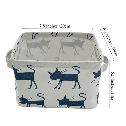 Mziart Small Foldable Canvas Storage Basket with Handles, Cotton Linen Organizer for Nursery & Kids (Blue Cat)