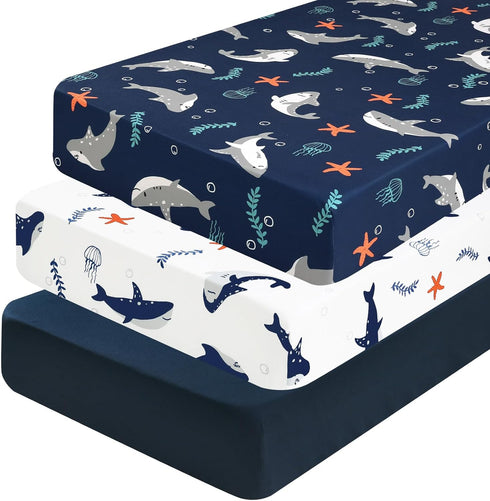 PHF 3 Pack Soft Shark Crib Sheets Fitted, Comfy Breathable Baby Sheets