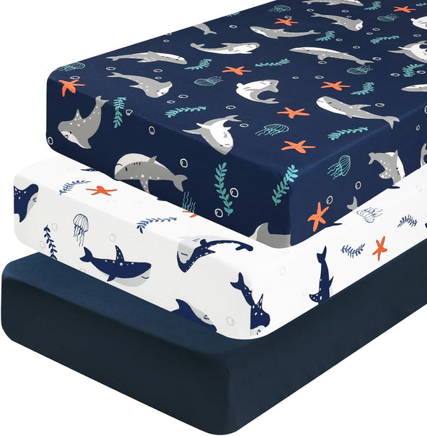 PHF 3 Pack Soft Shark Crib Sheets Fitted, Comfy Breathable Baby Sheets