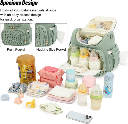 Kouxunt Backpack, Small Diaper Bag Quilted Mini Baby Crossbody Diaper Bag Tote for Mom (Matcha Green)
