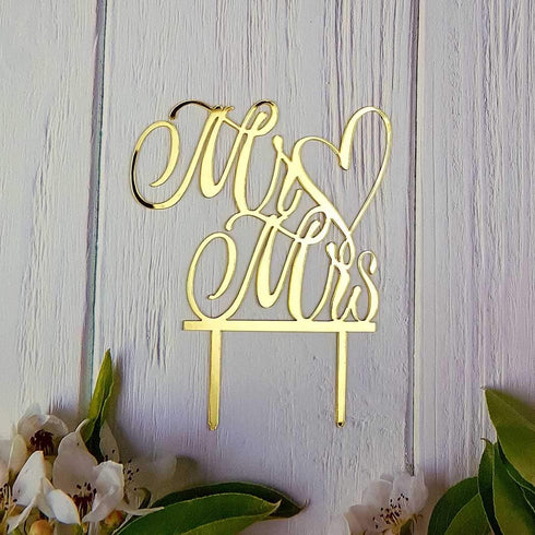 Mr and Mrs Cake Topper, Bride and Groom Sign Wedding Engagement Cake Decorations (Mirror Gold Acrylic)
