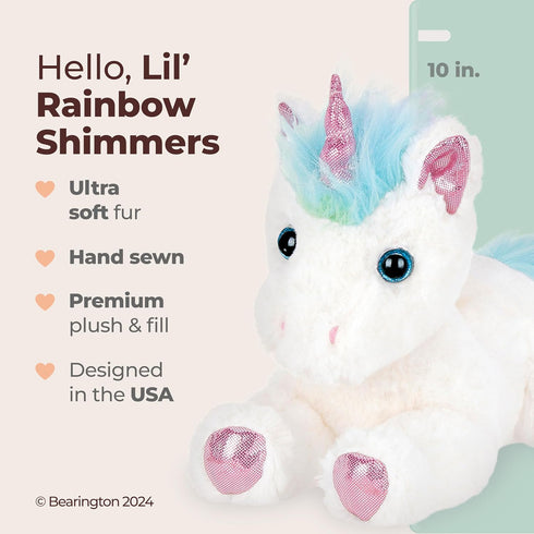 Bearington Collection 10-Inch Unicorn Stuffed Animal Plush - Rainbow Shimmers White - Soft Fluffy Magical Gift for Kids