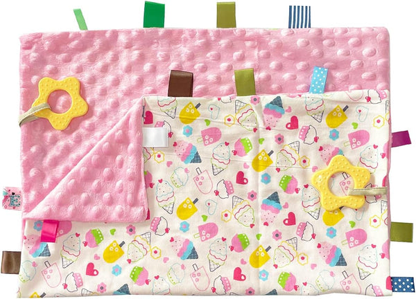 1 PC Big Size Pink Cake Baby Tag Blanket, Soft Security Label Taggy Blanket for Toddler Gift (21.7x17.7)