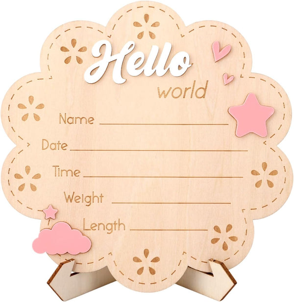 Penitue Hello World Newborn Signs, Wood Cute Baby Welcome Announcement Sign with Holder