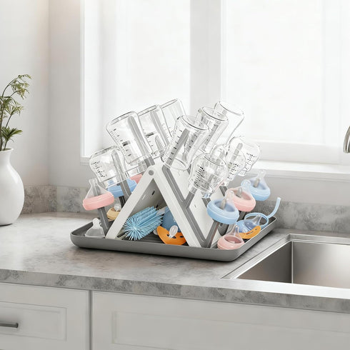18 Countertop Large Baby Bottle Drying Rack, Space Saving Hooks Slope Travel Bottle Dryer with Removable Drip Tray