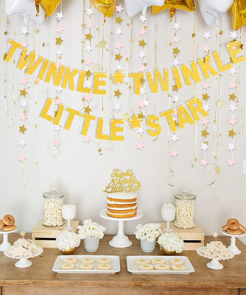 Twinkle Twinkle Little Star Decorations, Baby Shower or Birthday Party, Moon and Star Balloons, Pink and Gold