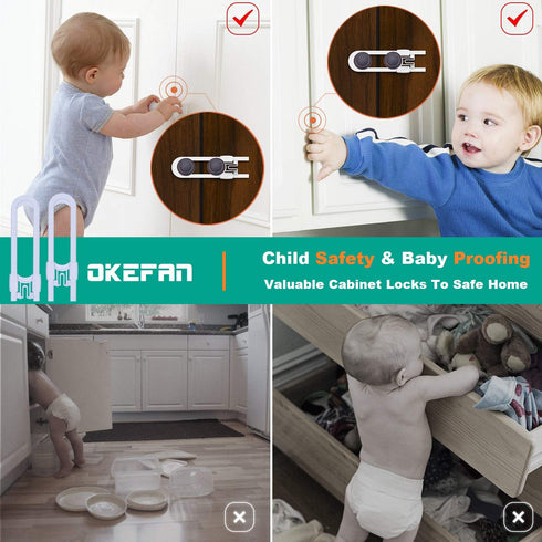 Sliding Cabinet Child Safety Locks, OKEFAN Baby Proofing Cabinet Lock Cupboard Latches for Kids, No Drill (10, White)