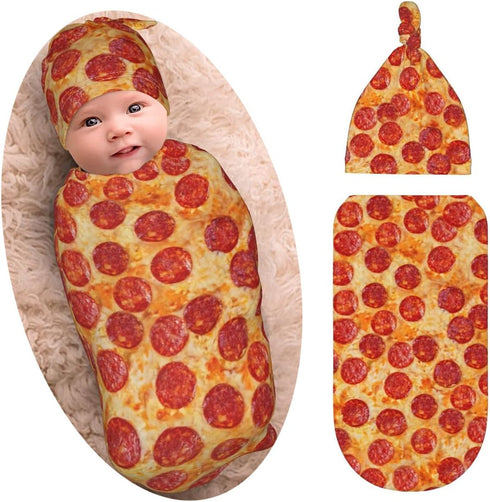 Burrito Pizza Baby Stuff Newborn Swaddle Blanket with Beanie Set, Soft and Stretchy Baby Blanket Swaddle Sack for Boy