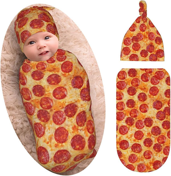 Burrito Pizza Baby Stuff Newborn Swaddle Blanket with Beanie Set, Soft and Stretchy Baby Blanket Swaddle Sack for Boy