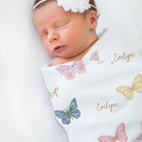 Stork Wares Rainbow Butterfly Personalized Baby Girl Swaddle Blanket