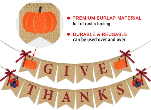 Give Thanks Burlap Banner - Rustic Thanksgiving Decorations - Turkey Pumpkin Bunting for Party Supplies