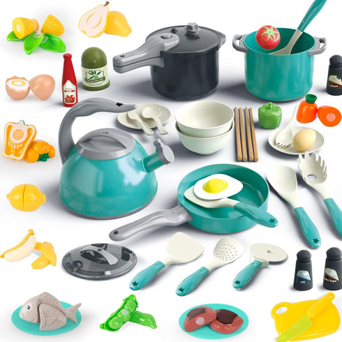Bruvoalon 67Pcs Kids Play Kitchen Toys Set, Green, Pretend Cooking Accessories with Pots, Pans, Utensils, Foods