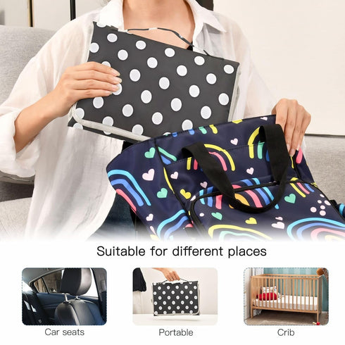 Gravopti Portable Diaper Changing Pad, Waterproof Baby Changing Pad with Built-in Pillow, Black and White Polka Dot