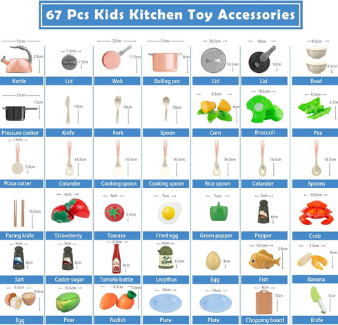 Bruvoalon 67Pcs Kids Play Kitchen Toys Set, Pretend Cooking Playset with Pots, Pans, Utensils, Foods, Learning Gift for