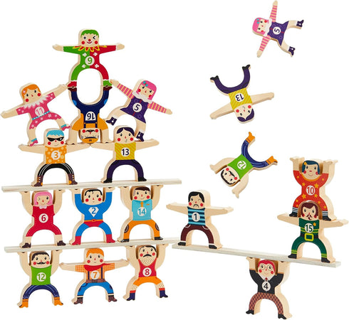 Wooden Stacking Toys, 16Pcs Balancing Building Blocks Game for 3-6 Years Old Kids, Circus Hercules Acrobatic Troupe Toy