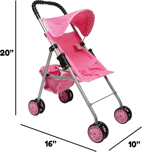My First Doll Stroller with Basket - Pink Quilted Design