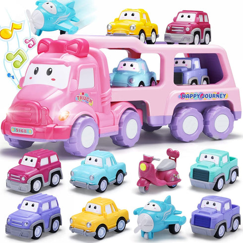 Cartoon Vehicle Toy for Toddler Girl, 9-in-1 Pink Carrier Truck for Baby