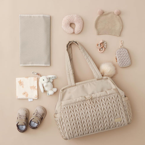 LUKJOJO Asha Diaper Bag Tote For Daily Use, Travel Shoulder Diaper Bag With Long Strap (Beige)