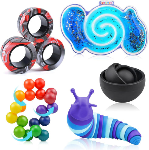 Cevioce 5Pcs Fidget Toys Pack for Adults, Autism Sensory Toys with Spinner, Slug, Magnetic Rings, Stress Relief Gifts
