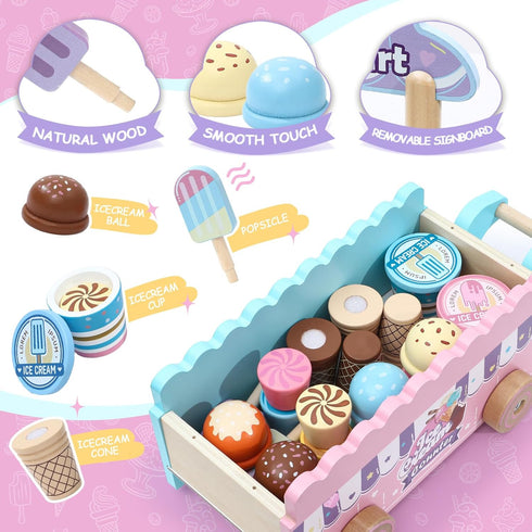 3 4 5 6 Atoylink Wooden Ice Cream Toys for Kids Pretend Play Food Toys with Scoop & Menu & Fake Money, Ice Cream Cart