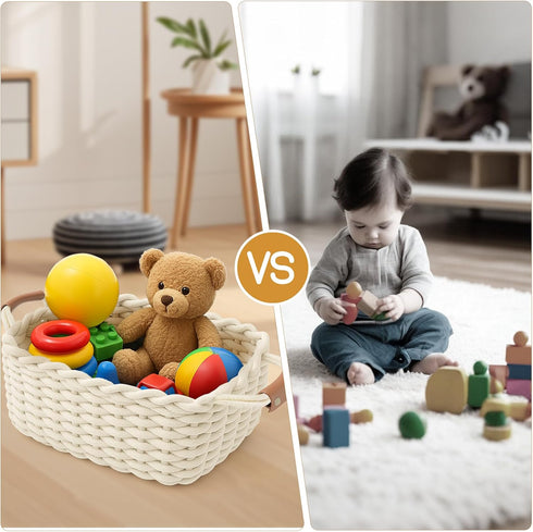 L13'' W8.7'' H5.9'') XXL Cotton Rope Storage Basket with Leather Handles, Woven Nursery Organizer for Diapers, Wipes