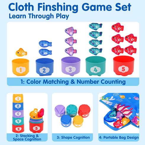 1 12-18 1 2 Arovan Montessori Toys for Year Old - Cloth Fishing Game with Stacking Cups Toddler Toys for One Year Old