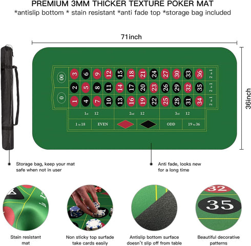 70" 35" YUZPKRSI x Roulette Casino Mat, Roll-up Poker Mat for Table with Carrying Bag, Professional Poker Table Mat