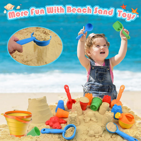 Beach Toys Set for Kids, Collapsible Sand Bucket and Shovels with Watering Can, Mesh Bag, Ice Cream & Animal Sand