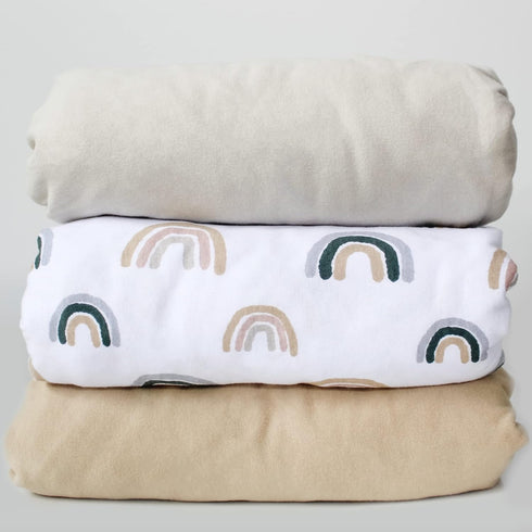 NODNAL CO. 3 Fitted Crib Sheets Rainbow & Solid Colors Set -