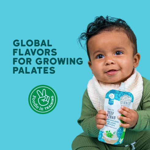 7+ 3.5 Oz, Pack 12-5g Serenity Kids Months World Explorers Baby Food Pouch - Beef Kebab, of Protein Snack - No Added