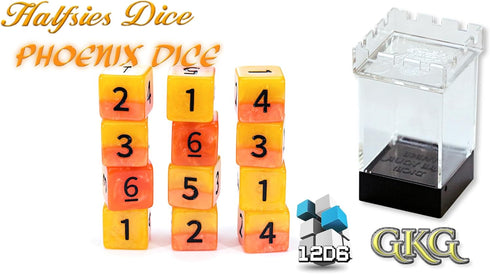 Gate Keeper Games and Dice: Halfsies Phoenix Dice - 12dc Fiery Orange & Yellow, Pearlescent Swirl