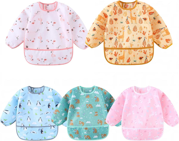 Hafftnun 5-Pack Baby Long Sleeve Waterproof Bib Full Coverage Apron Bib Smock Toddler