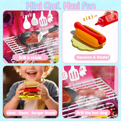 Playset 2 3 4 5 6 7 8 Kid Toy Grill, BBQ Grill with Light Sound, Smoke Effect and Wheels, Pretend Food, Little Chef