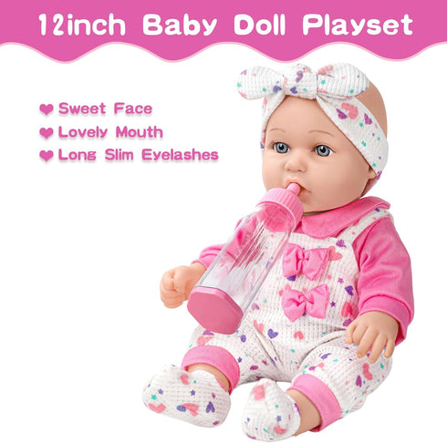 XFEYUE 12" Set,12 Inch 3+ Baby Doll with Pink Bowknot Clothing Realistic Baby Dolls with Clothes