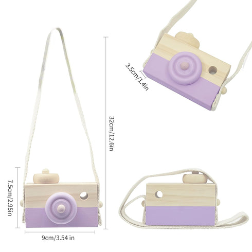 Baby Toy Wooden Mini Camera - Cute Neck Hanging Photographed Props for Kids' Room Decor, Purple