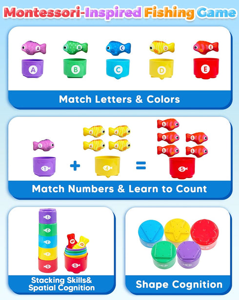 1 1 2 12-18 1-3 Montessori Toys for Year Old, Toddler Fishing Game with Stacking Cups, Learning Educational Toys