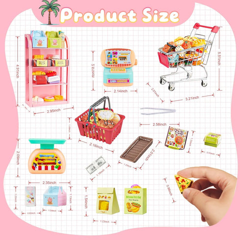 196Pcs 4 Packaging Dollhouse Miniature Store Grocery Accessories Mini Shopping Cart Basket Three-Layer Shelves